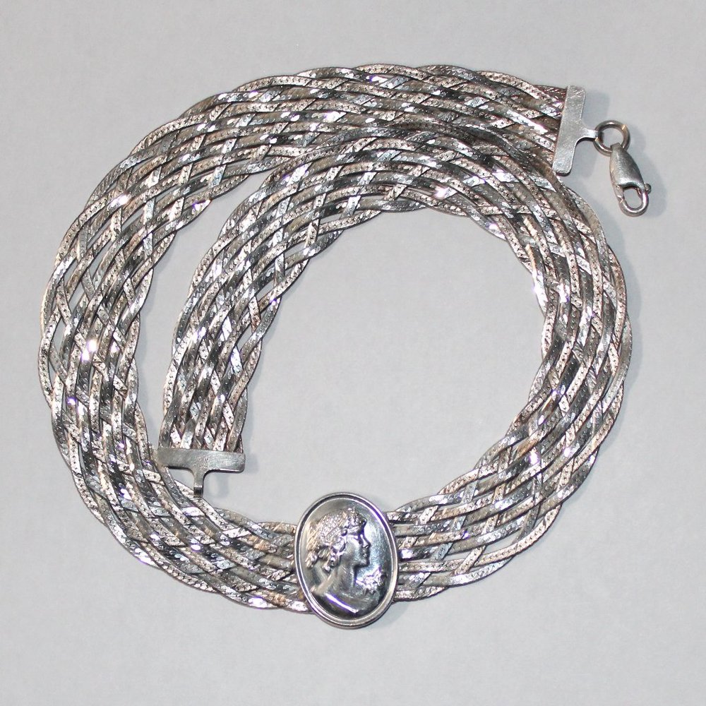 Vintage Sterling Silver Milor Cameo Herrinbone Basket Weave Necklace